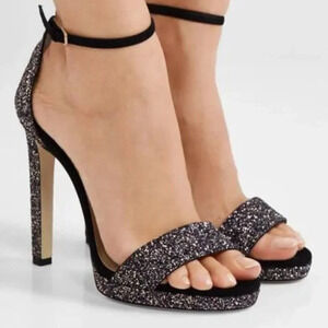 Jimmy Choo Leather Misty 120 Twilight Black Suede Glitter Sandals Heels 38.5/8.5